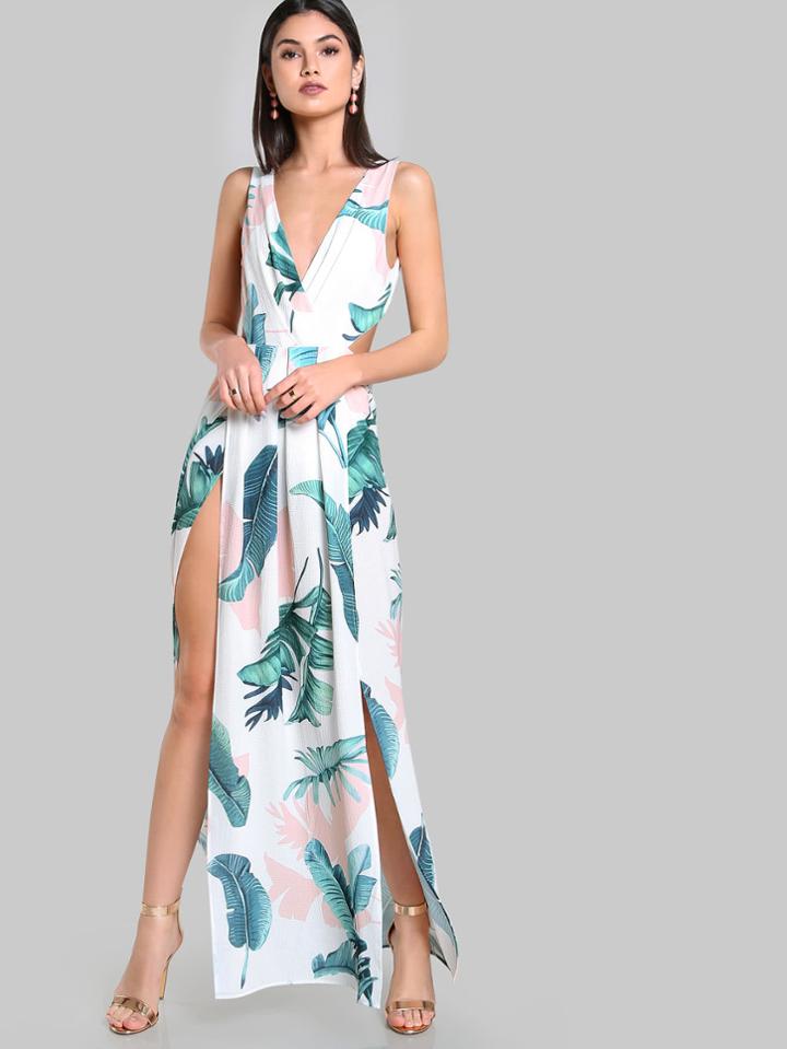Shein Tied Open Back M-slit Tropical Dress
