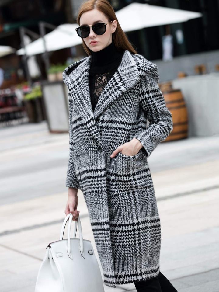 Shein Grey V Neck Long Sleeve Pockets Hooded Coat