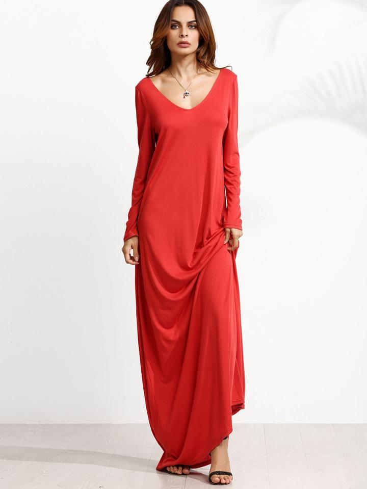 Shein Orange Double V Neck Swing Maxi Dress