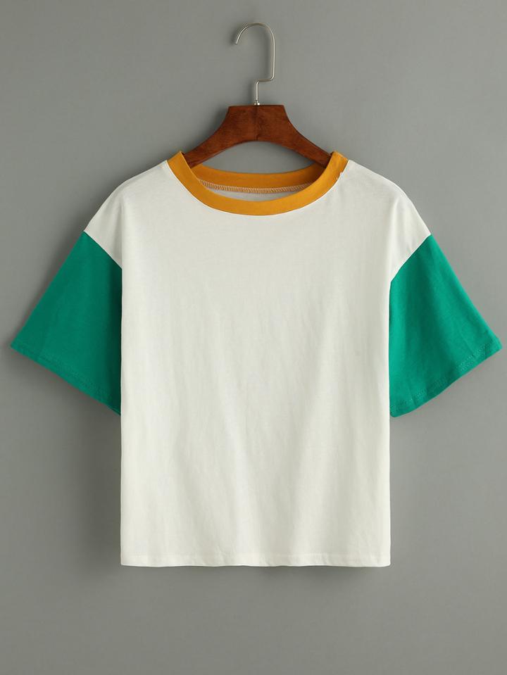 Shein White Contrast Neck And Sleeve T-shirt