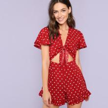 Shein Knot Front Zip Back Polka Dot Romper
