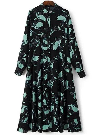 Shein Black Green Leaves Print A Line Dress