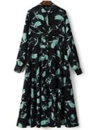 Shein Black Green Leaves Print A Line Dress