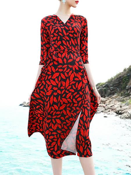 Shein V Neck Leaves Print Split Dress