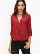 Shein Burgundy Roll Tab Sleeve Twist Front High Low Blouse