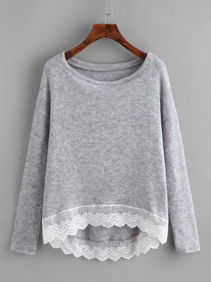 Shein Crochet Trim Dip Hem Heathered Tee