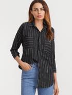 Shein Black Pinstripes Drop Shoulder Raw Hem Shirt With Pockets