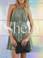 Shein Green Sleeveless With Lace Pleated Dress