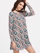 Shein Multicolor Vintage Print Long Sleeve Tunic Dress