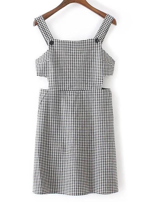 Shein Black And White Plaid Cutout Zipper Dress