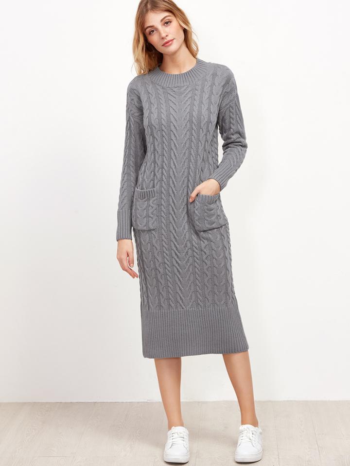 Shein Grey Cable Knit Dual Pocket Front Slit Back Sweater Dress