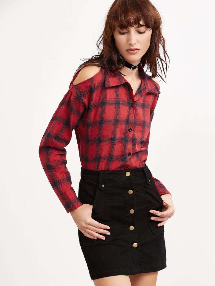 Shein Tartan Plaid Open Shoulder Button Shirt