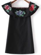 Shein Black Off The Shoulder Flower Embroidery Dress