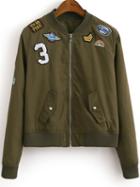 Shein Army Green Zipper Front Badge Embroidery Jacket