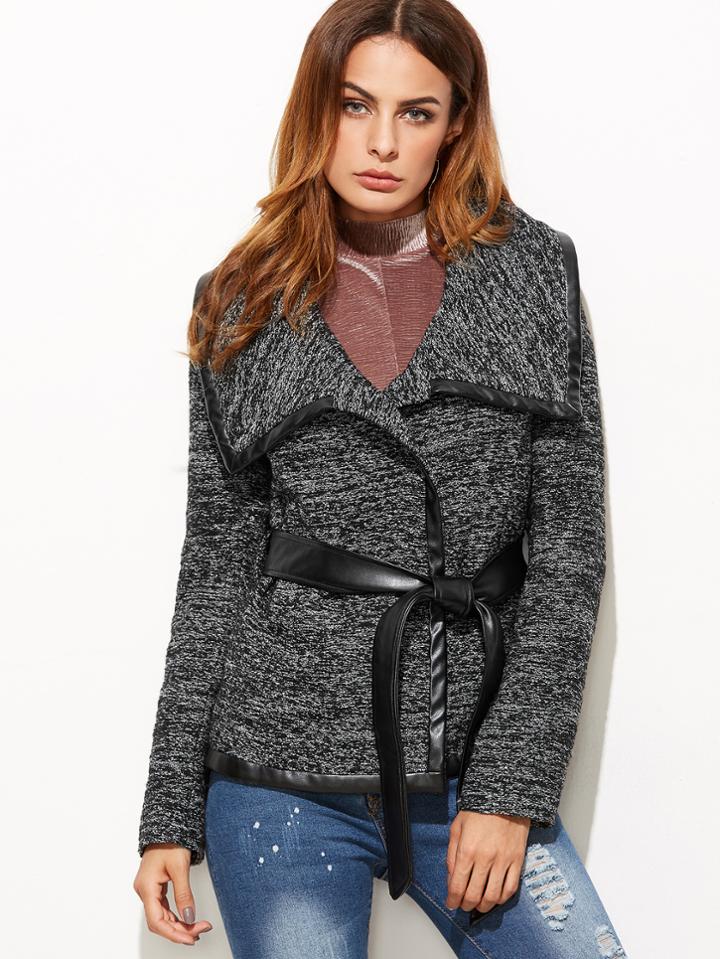 Shein Black Marled Knit Faux Leather Binding Belted Jacket