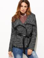 Shein Black Marled Knit Faux Leather Binding Belted Jacket