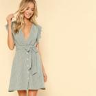 Shein Ruffle Armhole Button Front Belted Striped Dress