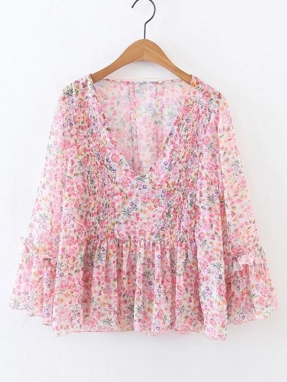 Shein V-neckline Ruffle Hem Floral Chiffon Blouse