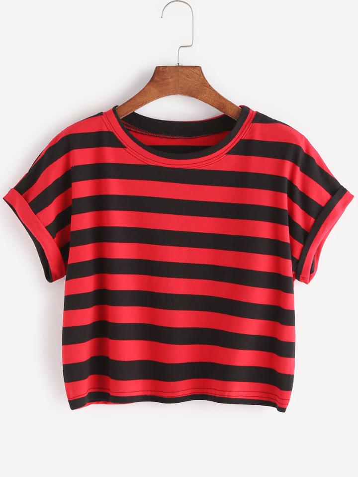 Shein Contrast Striped Dolman Sleeve Cuffed Crop T-shirt