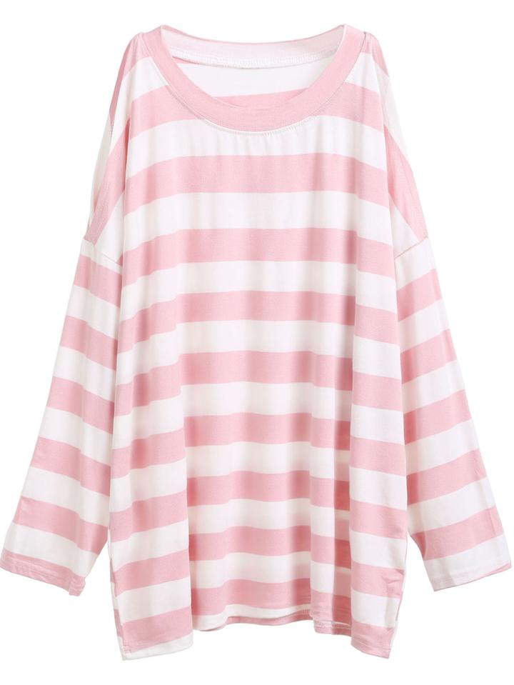 Shein Pink Striped Open Shoulder Side Split T-shirt
