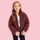 Shein Girls Zip Up Pocket Patched Solid Teddy Jacket