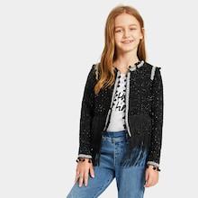 Shein Girls Pompom And Fringe Embellished Tweed Coat