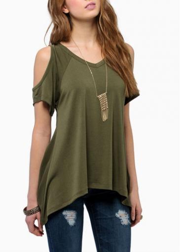 Rosewe Enchanting V Neck Cutout Shoulder Green T Shirt