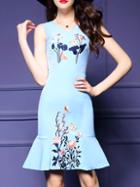 Shein Blue V Neck Flowers Embroidered Frill Dress