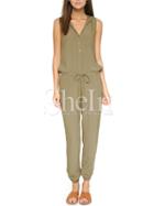 Shein Khaki Hooded Sleeveless Jumpsuit