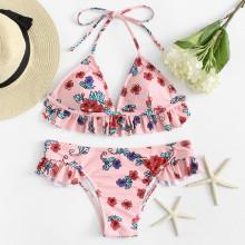 Shein Flower Print Ruffle Hem Bikini Set