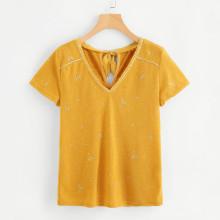 Shein Bow Tied Detail Leaf Embroidery Ribbed Tee