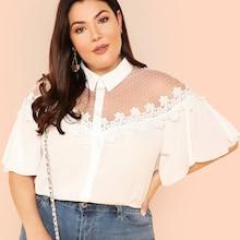 Shein Plus Lace Applique Dot Mesh Shoulder Blouse