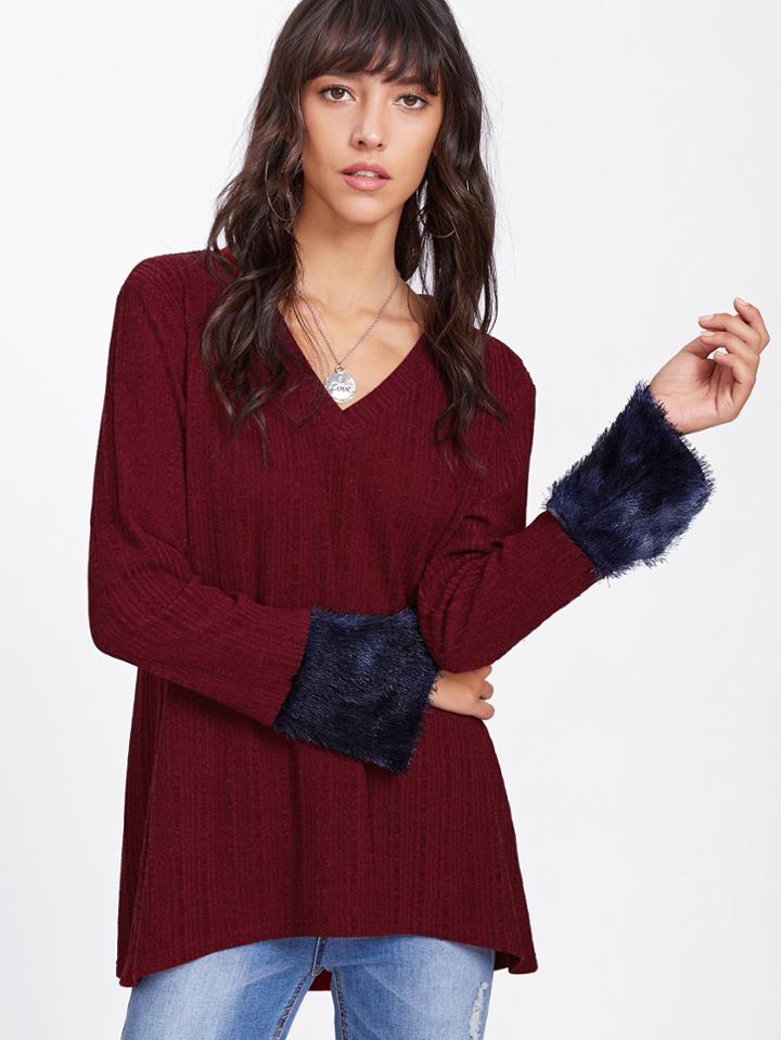 Shein Contrast Faux Fur Cuff Pullover