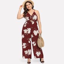 Shein Plus Knot Plunging Neck Wide Leg Floral Cami Jumpsuit