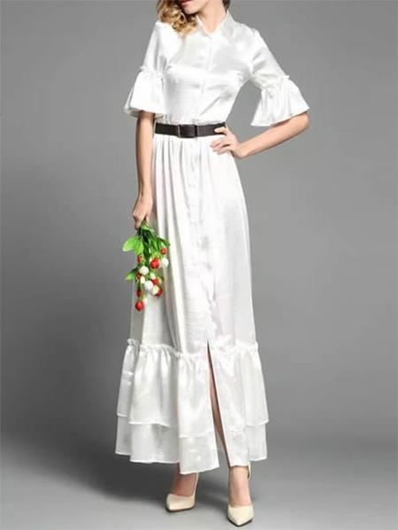Shein White Lapel Bell Sleeve Belted Dress