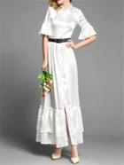 Shein White Lapel Bell Sleeve Belted Dress
