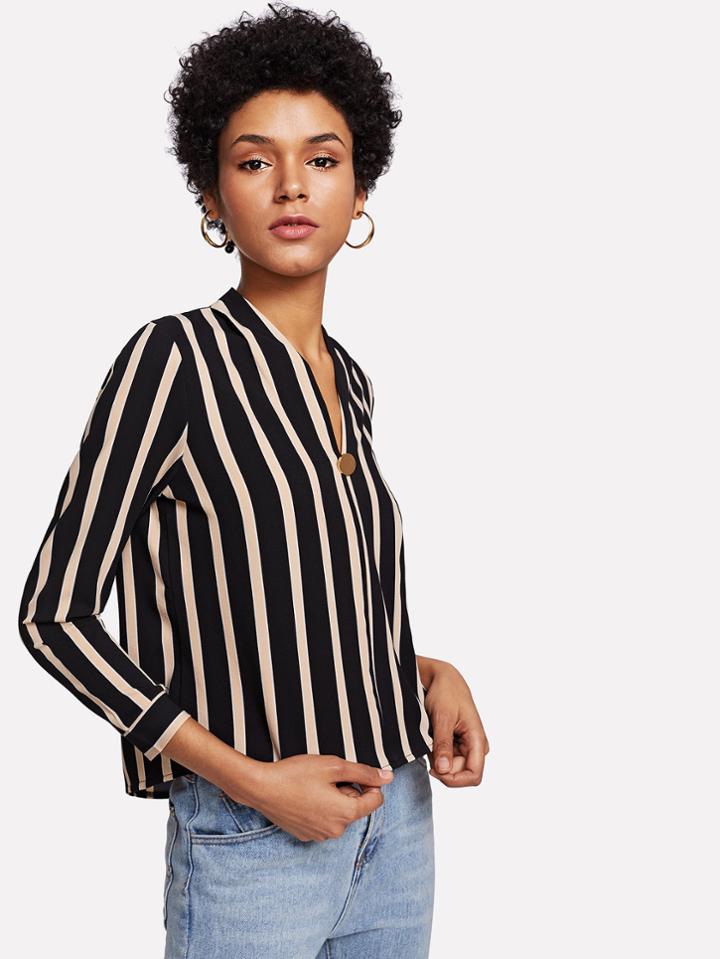 Shein Block Stripe Button Blouse
