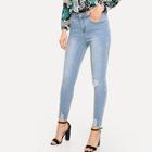 Shein Faux Pearl Beading Knee Rips Jeans