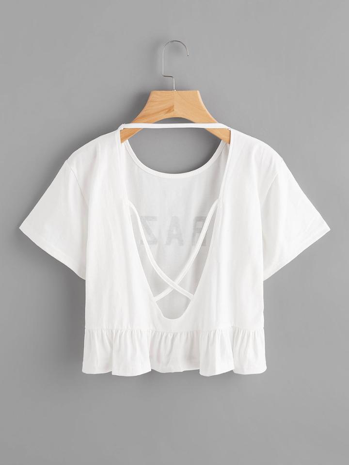 Shein Crisscross Open Back Frill Hem Tee