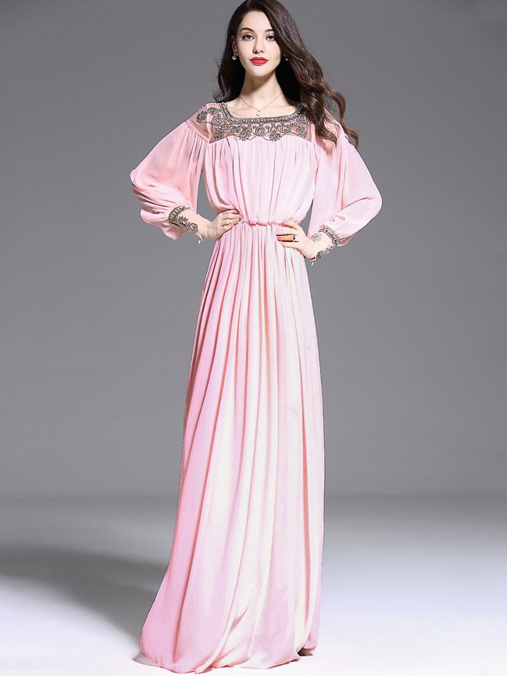 Shein Pink Round Neck Long Sleeve Contrast Gauze Beading Dress