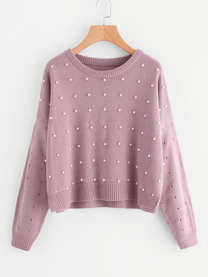 Shein Drop Shoulder Pearl Embellished Eyelet Sweater
