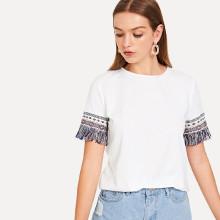 Shein Fringe Hem Embroidered Tee