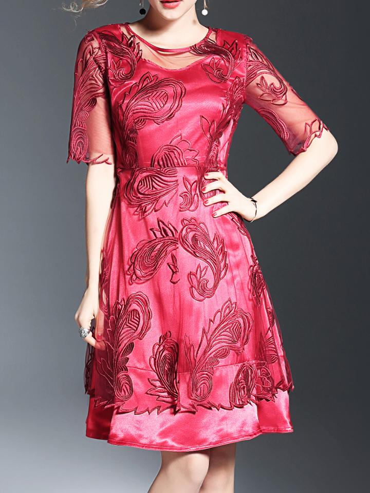 Shein Red Gauze Flowers Embroidered A-line Dress