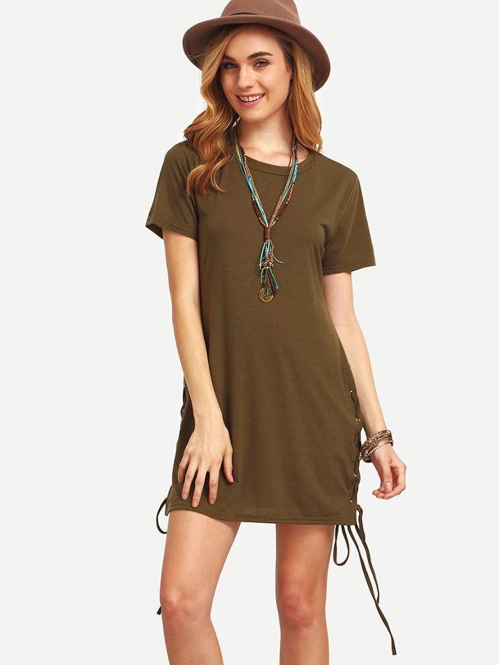 Shein Army Green Lace Up T Shirt Dress