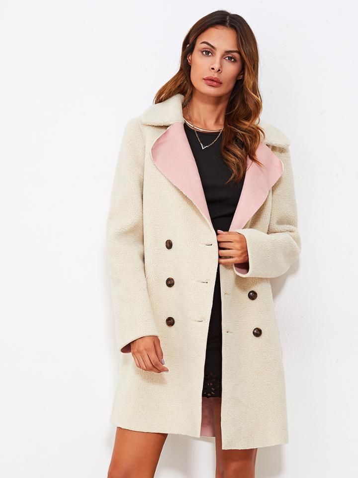 Shein Notch Collar Contrast Pocket Faux Shearing Coat