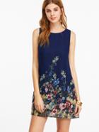 Shein Navy Buttoned Keyhole Back Flower Print Sleeveless Dress