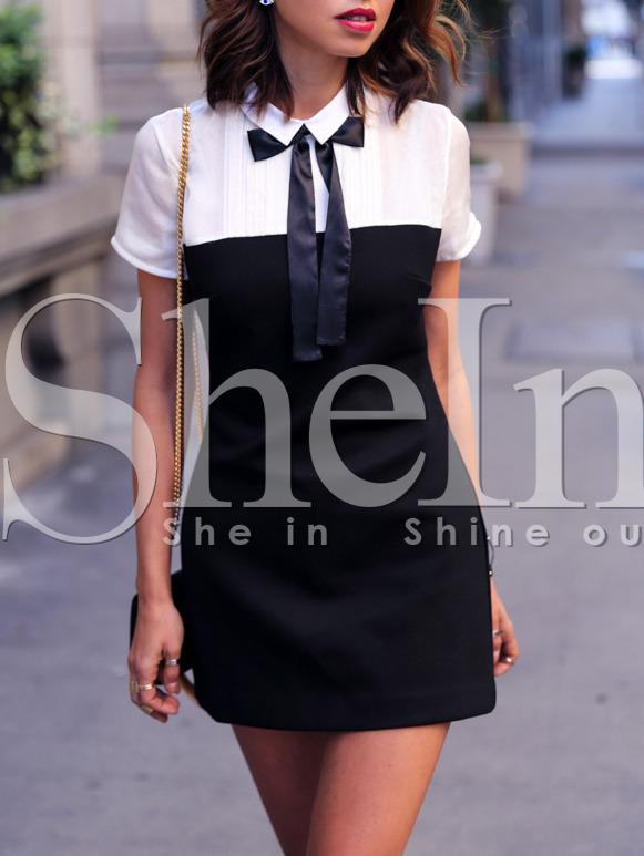Shein Black White Lacing Suiting Hipster Collars Short Sleeve Color Block Dress