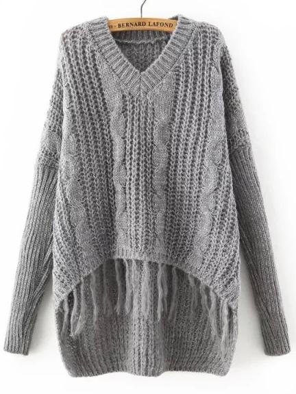 Shein Grey V Neck Tassel Dip Hem Sweater