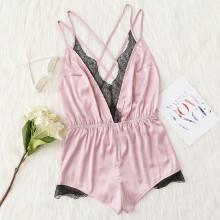 Shein Lace Trim Crisscross Back Satin Sleep Romper