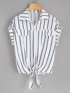 Shein Rolled Sleeve Knotted Hem Striped Shirt